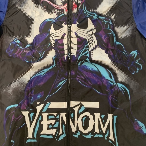 Marvel Spiderman Venom Graphic Blue Hooded Windbreaker Jacket Mens LarMNew - Picture 2 of 7